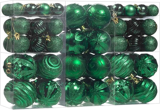 100Pcs Christmas Ball Ornaments Set, Shatterproof Plastic Dark Green Christmas Ornaments for Xmas Tree, Assorted Baubles Hanging Decorations for Holiday/Party/Wedding