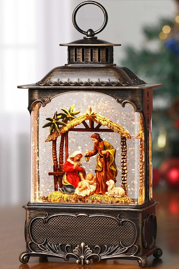 Nativity Snow Globe Lantern Christmas Decorations Gifts Auto Snowfall Glitter Music Collection Manger Sheep Pen Nativity Scene with 6H Timer USB/Battery Powered 10.2 inch