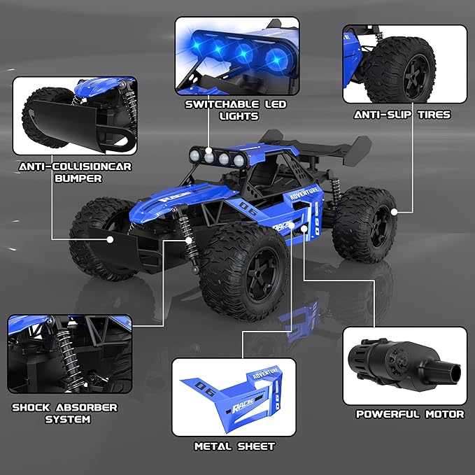 1:12 Scale RC Car for Kids 3-5-7, Fast Remote Control Monster Truck 2WD 20km/h Off-Road Toy, Alloy Shell, LED Lights, Off Road for Boys 4-7 & Beginners, 30 Minutes Play Time