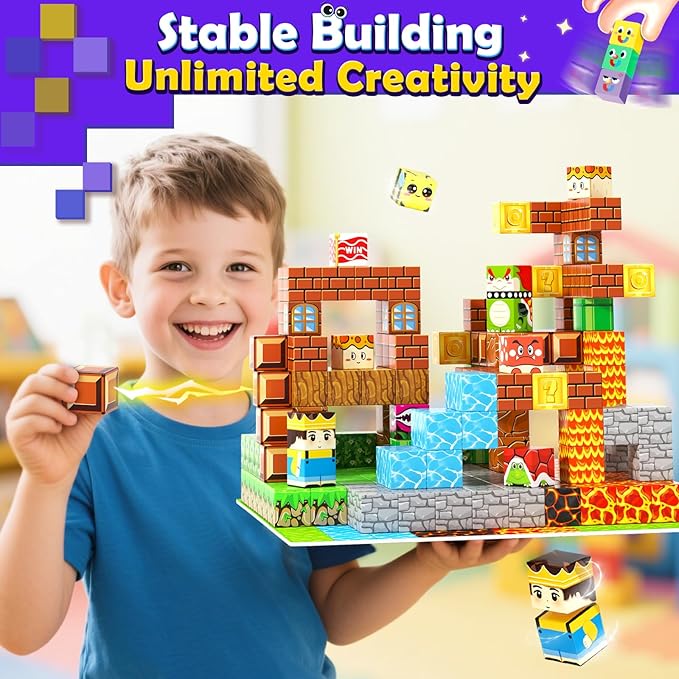 200PCS Magnetic Blocks Toys for Kids Ages 3-5 6-8 8-12 with Magnetic Board Sensory Kids Toys Stacking Blocks, Build Mine Magnet World-3 4 5 6 7 8 9 10 Year Old Boy Girls Birthday Gifts