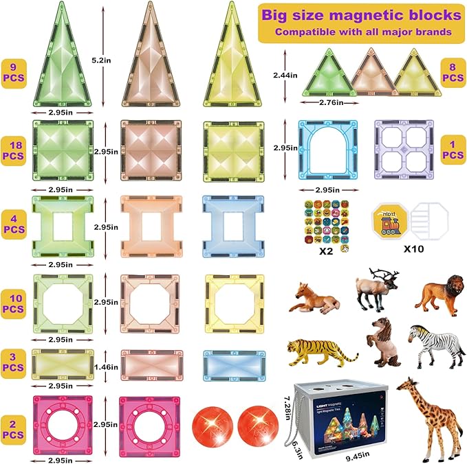 Magnetic Tiles Toys with Farm Animals Magnet Tile Building Blocks with 7 Farmyard Animals Character with Lighting Effect Construction Sensory Toys Preschool Gift for Kids Boys Girls 3 4 5 6 7 8 Years+