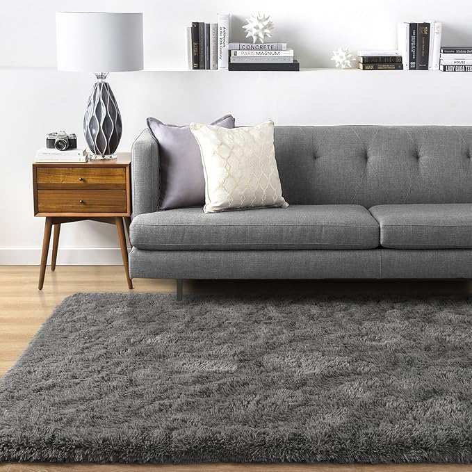 Ompaa 9x12 Area Rugs Dark Gray Fluffy Large Living Room Carpet for Bedroom Dorm, Non-Slip High Pile, Deep Grey Modern Big Shag Rug for Classroom Kids Playroom Nursery Home Office Decor