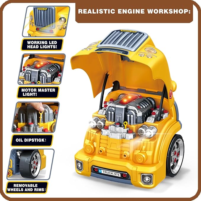 MUGEYMYD Large Truck Engine Toy for Kids 3-5, Take Apart Motor Vehicle Pretend Play Car with Light and Sound, Kids Mechanic Workshop Set, Toy Engine Building Kit for Toddlers.