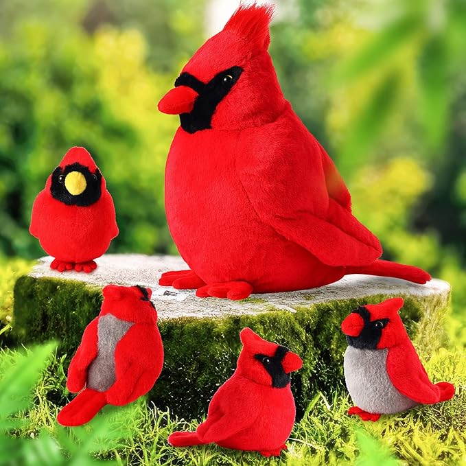5 Pcs Northern Cardinal Plush Mommy Stuffed Animal with Baby Plush Red Bird Soft for Girls Birthday Xmas Bedtime Gift Bed Rest Chair Bolster Nursery Decoration(Cardinal)