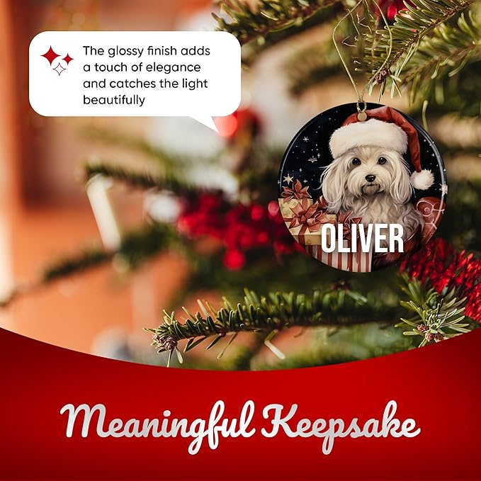 Maltese Personalized Dog Ornament - Pet Ornament for Christmas Tree - 3" Round Ceramic - Printed in USA - Choose from 200 Breeds - Dog Mom & Dad - Xmas Decoration DOG0141