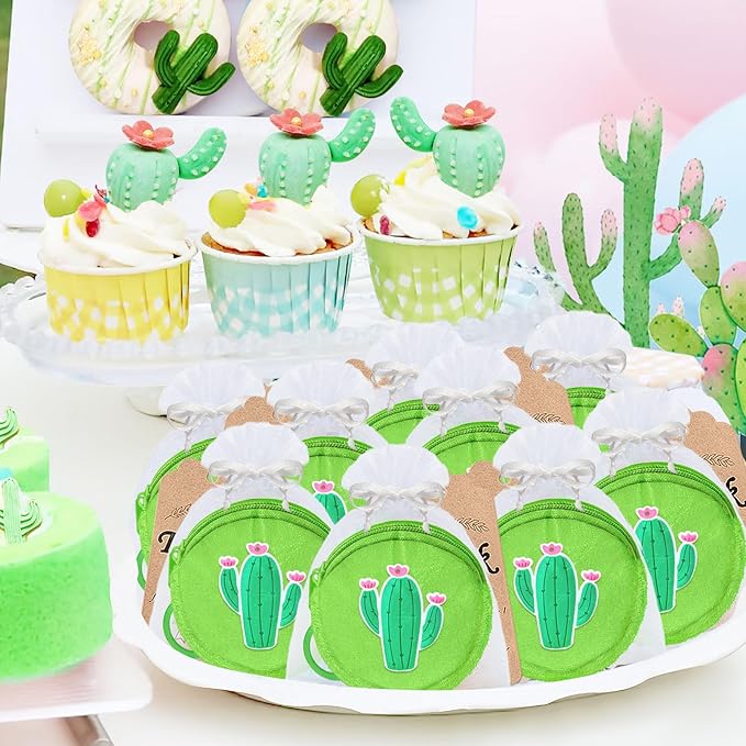 36 Pack Cactus Change Purses Set Include 12 Wallets with Keyring, 12 Thank You Tags and 12 Organza Bags for Cactus Tropical Mexican Western Desert Hawaiian Summer Party Decoration,Green