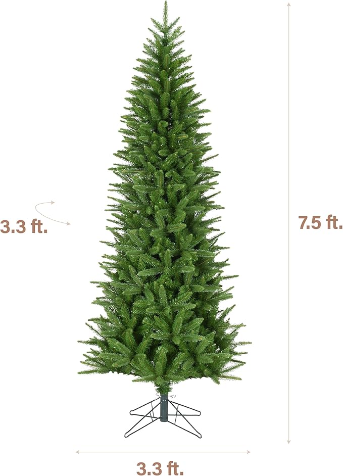 Fraser Hill Farm 7.5-Ft. Winter Falls Slim Artificial Christmas Tree with Stand and No Lights, Unlit Foldable Christmas Tree with Realistic Foliage for Home Decoration