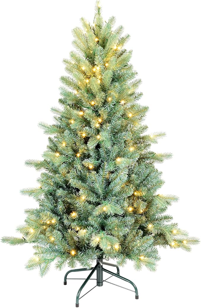 4 Ft Pre-Lit Artificial Christmas Tree, w/ 150 LED Warm Lights, 475 PE&PVC Mixed Branch Tips, Faux Xmas Tree for Home, Office, Party Decoration, Easy Assembly, Metal Hinges & Foldable Base