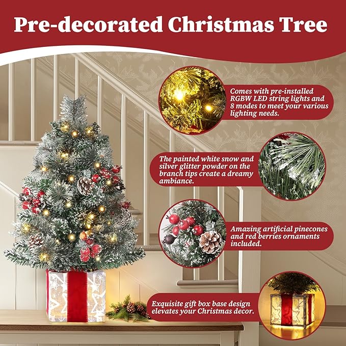 Brightever Small Christmas Tree, 2FT Prelit Mini Christmas Tree with 50 Multi-Color LED Lights, Unique Gift Box Base, Battery Operated Little Xmas Tree for Table Top, Pinecone & Berries Included