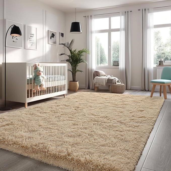 Nuttumico Fluffy Beige 8x10 ft Large Area Rugs for Living Room, Big Shaggy Floor Rug, Soft Plush Non-Slip Rectangle Carpet for Home Decor