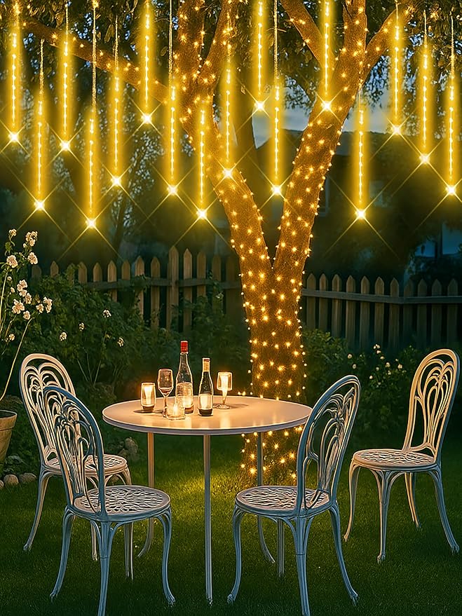 Aokudoni Warm White Christmas Lights Meteor Shower Lights Outdoor 24-Tube 576 LED Snowfall Icicle Cascading Rain Light Christmas Decorations for House Tree Yard Roof Patio Porch Stair, UL Plug