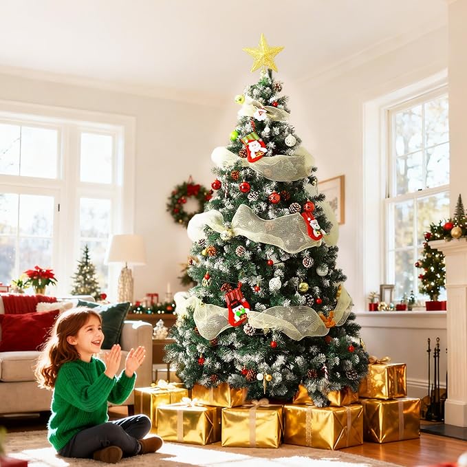 7ft Green Artificial Christmas Tree with Pine Cones and Snow Flocked Branches, Realistic Full Shape Xmas Tree with Sturdy Metal Stand for Indoor Holiday Decoration