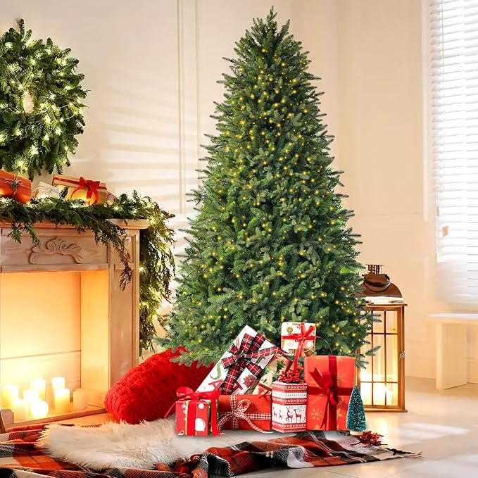 7.5ft Prelit Christmas Tree with 798 Warm White & Multi-Color LED Lights 1900 Branch Tips 3-Minute Quick Power Connect Pencil Xmas Tree for Holiday Decor Home and Party