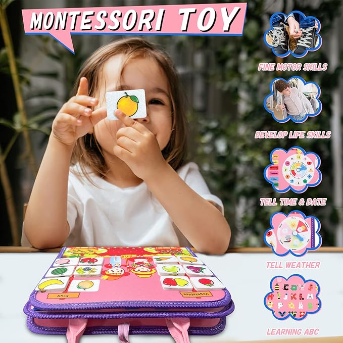 iooo Toddler Busy Board Montessori Toys for 1 2 3 4 Year Old, Sensory Board with Buckles Educational Activities for Learning Fine Motor Skills, Gifts Toy for Girls Boys for Airplane Car (Pink-3)