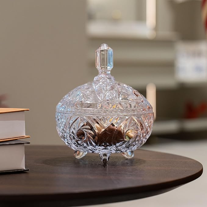 27oz Large Glass Candy Dish with Lid, Crystal Candy Bowl, Embossed Decorative Storage Jar for Office Desk, Jewelry Box, Biscuit, Christmas, Wedding, Birthday Gift