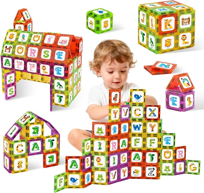 Magnetic Tiles Letters Learning Toys, Animals Alphabet ABC Magnets for Kids 1-3 2-4 3-5, Toddlers Classroom Must Haves Construction Stacking Toys, Teacher Educational Supplies for Preschool Spelling