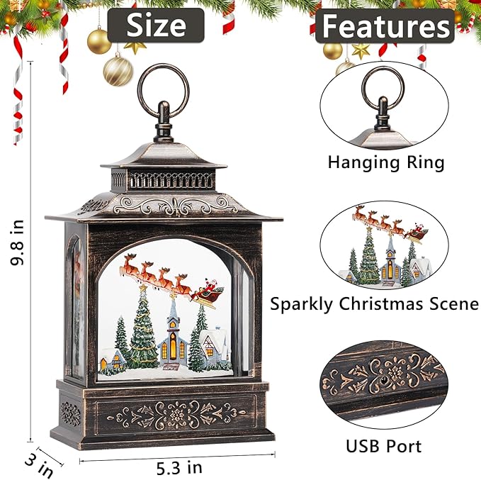 6H Timer Lighted Snow Globe with Music, Swirling Glitter Christmas Lantern, Thanksgiving Decor, Table Party Decorations (Reindeer, Santa Claus and Church)