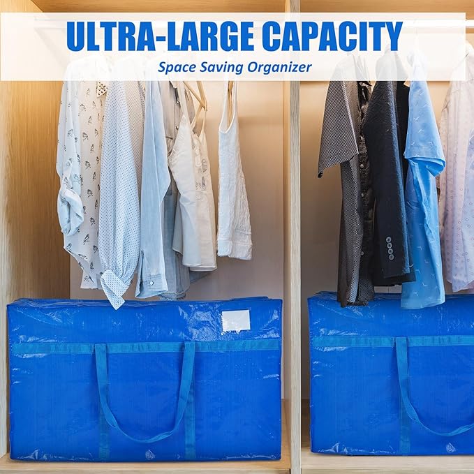 Windyun 4 Pack 41 Gallon Extra Large Storage Bags XXL Moving Bags with Zipper Handles Heavy Duty Jumbo Big Totes Box for Halloween Skeleton 4-12 Feet Christmas Tree Storage College Dorm Cloth (Blue)