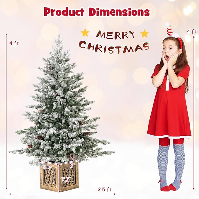 Goplus 4 FT Pre-lit Entrance Christmas Tree, Artificial Snow Flocked Xmas Tree with 231 Branch Tips, 100 LED Lights, 15 Pine Cones & Vintage Base, for Home Office Decor