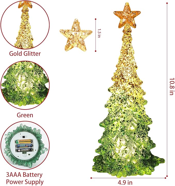 11 Inch Tabletop Christmas Tree with Sparkling Glitter - Battery Operated Acrylic Lighted Christmas Tree for Home Office Fireplace Christmas Holiday Decoration Festive Decor Gift, White Glow