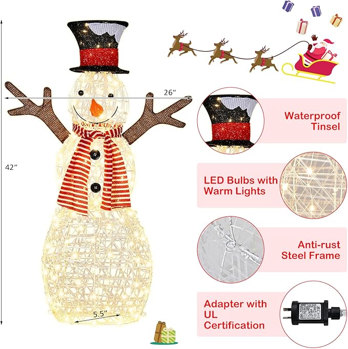 Tangkula Christmas Outdoor Lighted Snowman Yard Xmas Decorations with Pre-Lit 80 LED Lights Artificial Christmas Décor with Ground Stakes and Zip Ties Indoor/Outdoor Holiday Decoration