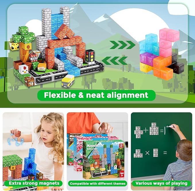 150 PCS Magnetic Blocks - Magnetic Building Block for Kids Ages 4-8, Magnet Blocks Sets for Grassland Build, Magnet Cubes Building Toys for Girls Boys Ages 3 4 5 6 7 8-12 Birthday Gift
