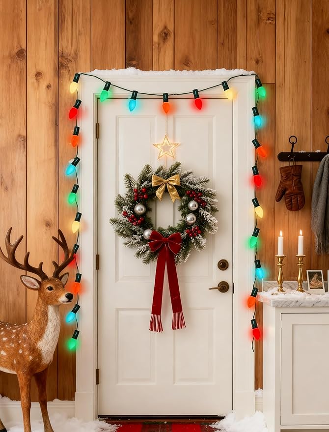 Abeja 25FT Outdoor C7 Multicolor Light, Vintage Christmas String Lights with 27 Multicolor Ceramic Bulbs (2 Spare), Hanging Christmas Lights for Outdoor Xmas Patio Wedding Party Garden Decor