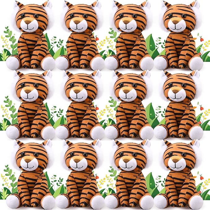 12 Pieces Tiger Stuffed Animal 6 Inch Sitting Tiger Plush Toys Lifelike and Cute Animal Dolls Gifts for Boys and Girls Birthday Favors Gifts Forest Party Decor