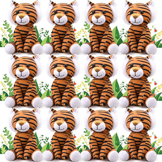 12 Pieces Tiger Stuffed Animal 6 Inch Sitting Tiger Plush Toys Lifelike and Cute Animal Dolls Gifts for Boys and Girls Birthday Favors Gifts Forest Party Decor