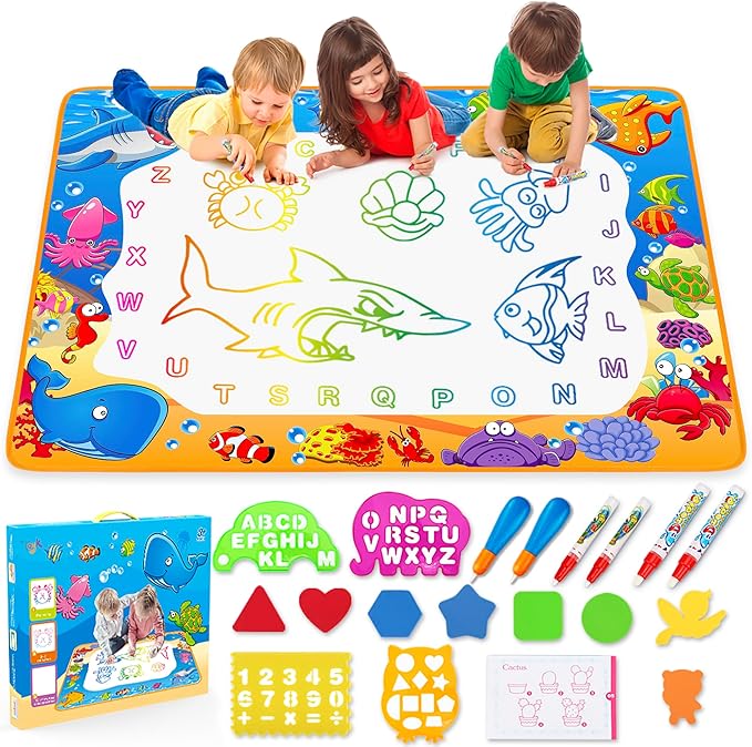 Water Doodle Mat - Kids Painting Writing Color Doodle Drawing Mat Toy Bring Magic Pens Educational Toys for Age 2 3 4 5 6 7 Year Old Girls Boys Age Toddler Gift