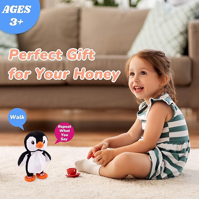 Hopearl Talking Singing Penguin Repeats What You Say Walking Electric Interactive Animated Toy Speaking Plush Buddy Gifts for Toddlers, 7.5''