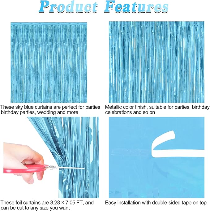 8 Pack Party Decorations, 3.28 FT x 7.05 FT Party Streamer, Metallic Sky Blue Tinsel Backdrop Fringe Curtains Party Decorations, Light Blue Birthday Backdrop Photo Booth Props
