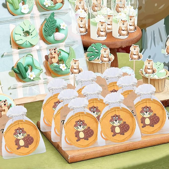 15 Pack Beaver Coin Purses with Keyring for Safari Party, Jungle Baby Shower, Wild Animal Themed Kids Birthday, Wild ONE First Birthday, Castor Gender Reveal,Khaki