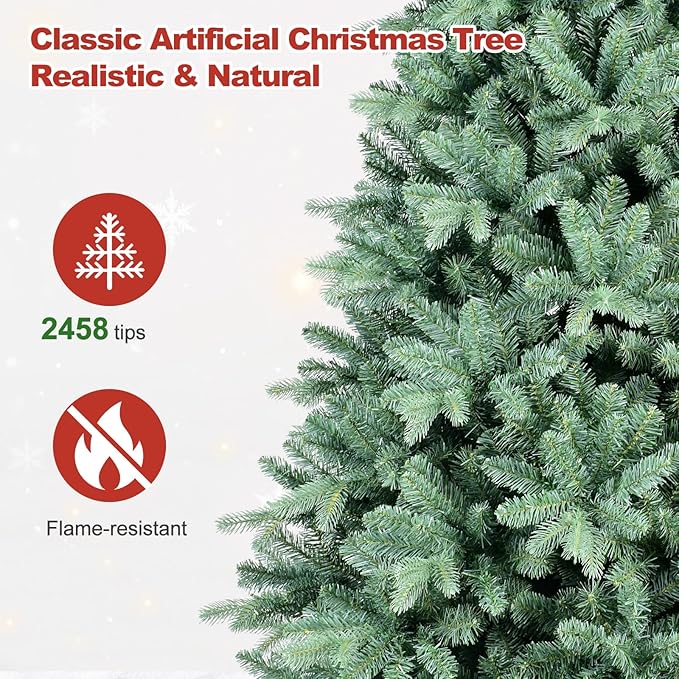 8 Ft Blue Spruce Artificial Christmas Tree, Hinged Unlit Xmas Trees with 2458 PE&PVC Mixed Branch Tips, Home Holiday School Decor with Foldable Base Easy Setup
