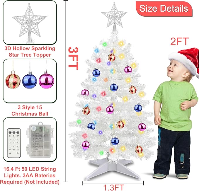 3 Ft Premium White Christmas Tree Dual Color Change 12 Modes Timer DIY 50 Warm White & Colored Lights 15 Ball Ornaments Star Battery Operated Small Artificial Full Xmas Tree Table Indoor Holiday Decor
