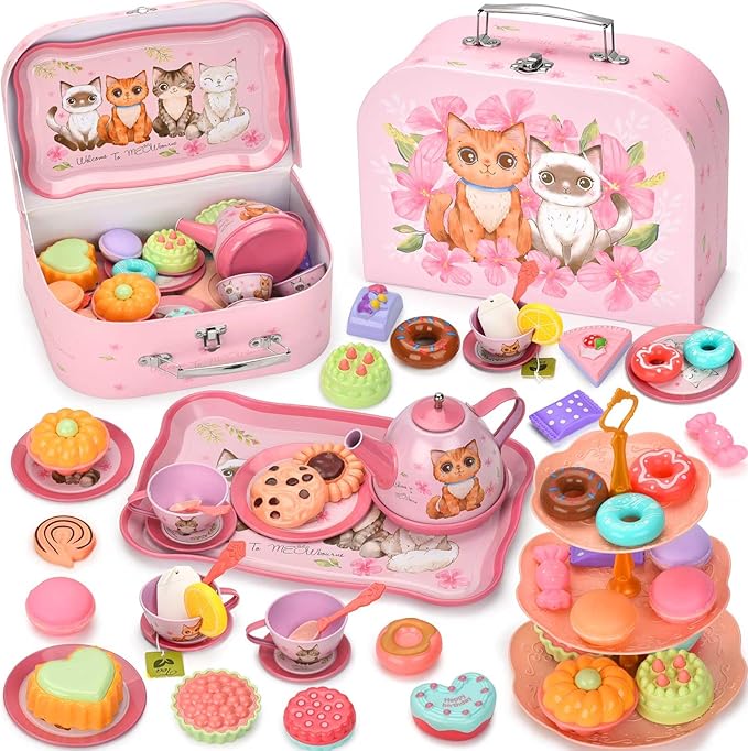 Cat Tea Party Set for Little Girls - Pretend Play Toy, Birthday Gift for Toddlers Ages 3 4 5 6 Year Old, Includes Kitten Tin Tea Set, Desserts, and Carrying Case, Cat Design