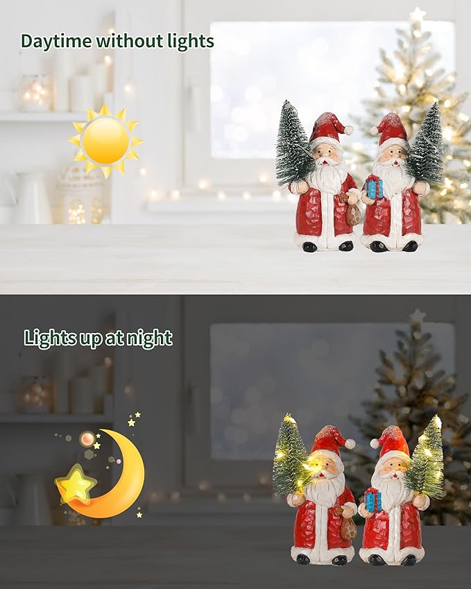 iStatue 2-Pack Lighted Santa Resin Figurines with Christmas Trees, 5" Mini Christmas Decorations, Battery Powered Warm White LED Hand-Painted Tabletop/Mantel Holiday Decor Gifts (Red Santa)