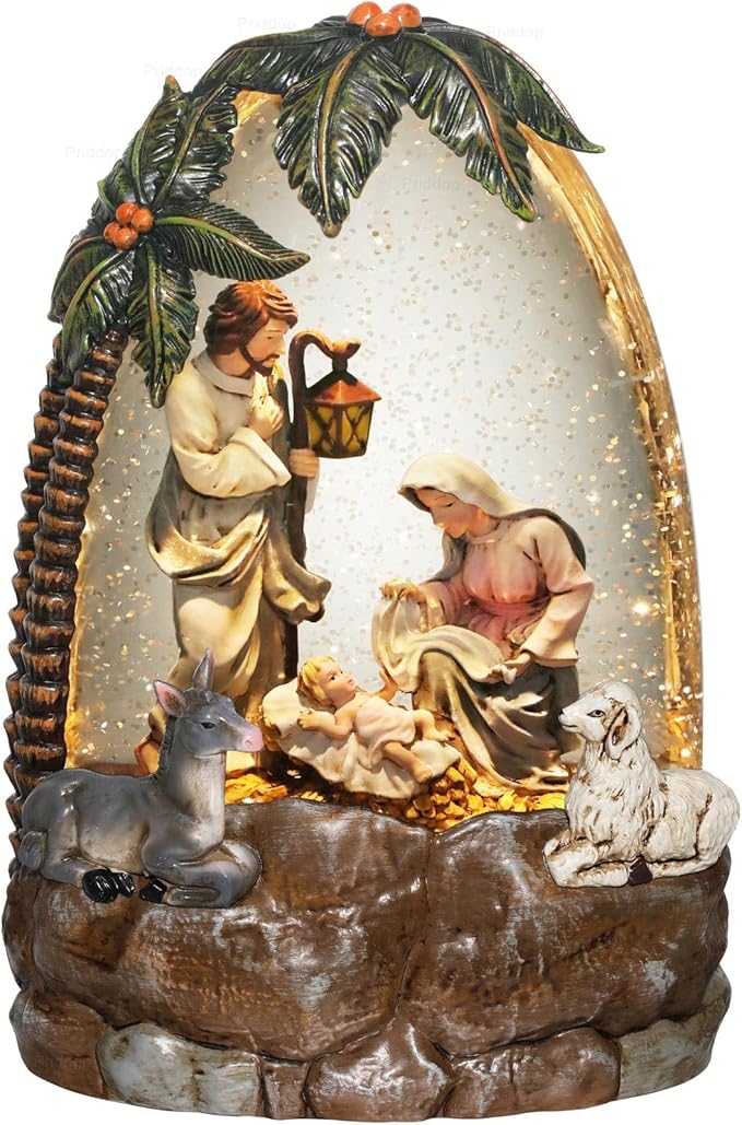 Nativity Snow Globe Christmas Decorations Gifts Nativity Scene Sheep Donkey Musical Glitter Snowfall USB/Battery Timer 8.8 inch