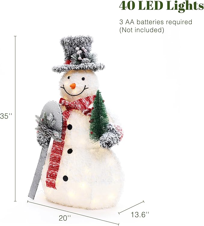 LuxenHome 3FT Lighted Snowman Outdoor Christmas Decorations, Battery Operated Frosted Snowman Christmas Decor with 40 LED Light, Xmas Decorations Outdoor, Indoor for Porch, Lawn Holiday Display