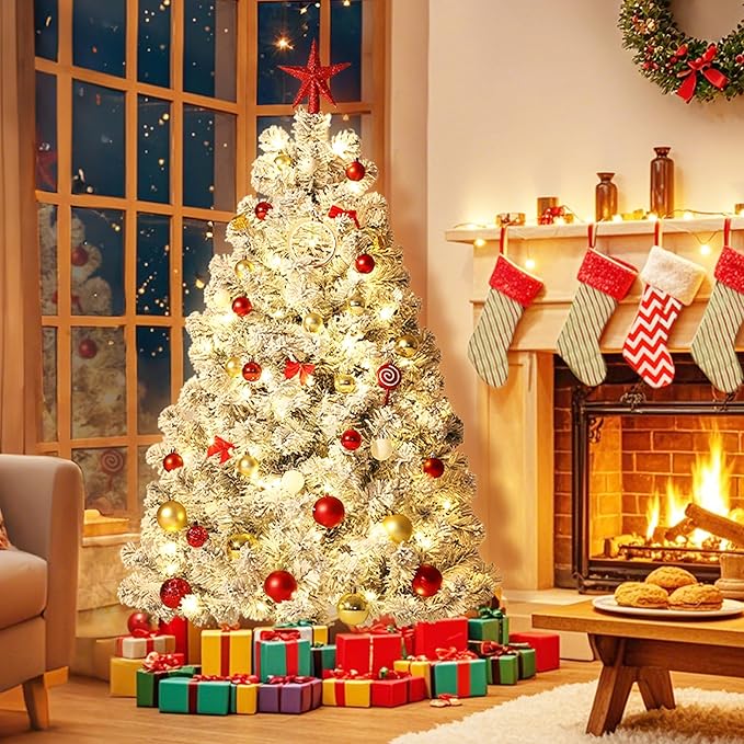 6FT Artificial Christmas Tree with Lights, Pre-Lit Tree, Built-in 900 Warm White LED Lights, Pure PVC Material, Indoor Holiday Home Decor