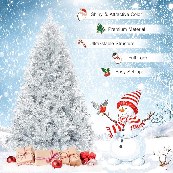 GOFLAME 6 FT Artificial Christmas Tree Hinged with 1036 Branch Tips, Silver Tinsel Christmas Tree with Metal Stand, Electroplated Technology for Indoor and Outdoor Holiday Decoration