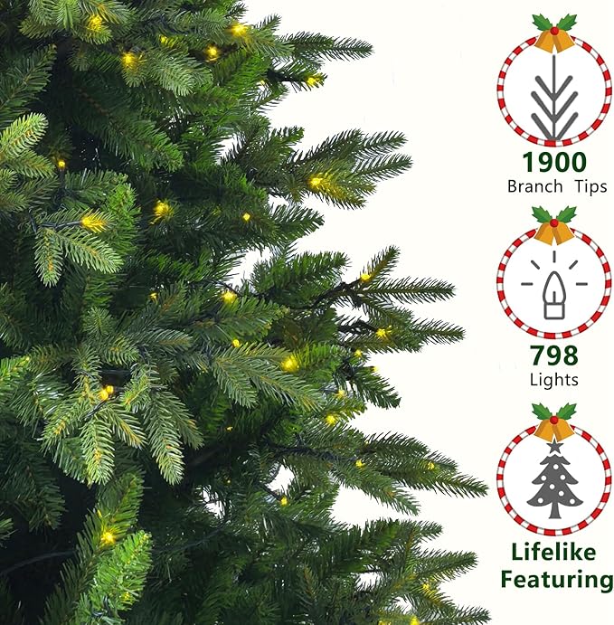 7.5ft Prelit Christmas Tree with 798 Warm White & Multi-Color LED Lights 1900 Branch Tips 3-Minute Quick Power Connect Pencil Xmas Tree for Holiday Decor Home and Party