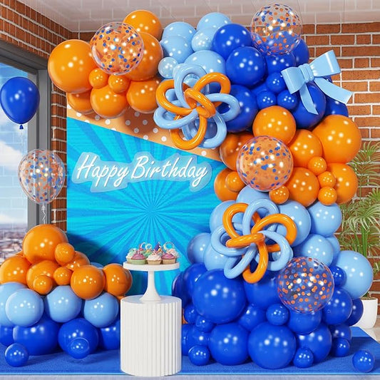 Orange and Blue Balloon Arch Kit 105 Pcs Orange Dark Light Baby Pearl Blue Confetti Latex Party Balloons Garland for Boys Graduation Cartoon Baby Shower Birthday class of 2025 Party Decor