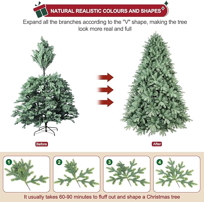 8ft Christmas Tree ，Artificial Full Christmas Trees for Home, Office, Xmas Decoration Spruce Trees with 3308 PE & PVC Branch Tips, Metal Hinges Foldable Base