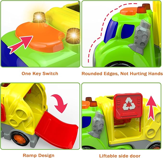P&C 7.5" Toddlers Garbage Truck Toys for Ages 2-4, City Vehicle Trash Truck Car Set with Sounds and Lights for Kids 18M+, 2, 3, 4 Year Old, Ideal Birthday Christmas Gifts for Boys Girls