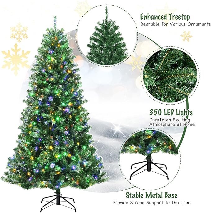 GOFLAME 6ft Artificial Christmas Tree, Pre-lit Xmas Tree 9 Lighting Modes w/ 845 PVC Branch Tips & 350 Color-Changing LED Lights, Holiday Festival Decoration Tree with Remote Control and Metal Stand
