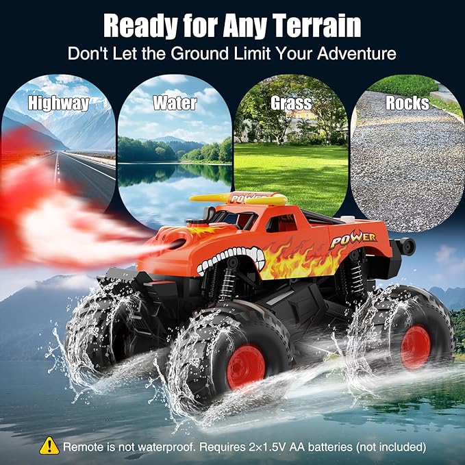 Waterproof RC Cars - 1:16 Monster Remote Control Truck, Christmas Birthday Gifts for Boys 8-12, 4WD All Terrain Off-Road RC Truck, Amphibious Pickup Toys for 8 9 10 11 12 Year Old, Orange