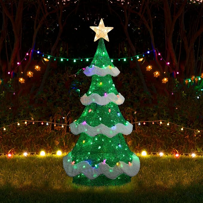 Glitzhome 6FT Outdoor Lighted 3D Christmas Tree, Large Mesh Christmas Tree Holiday Yard Decoration with Colorful Bulbs and 261 Green LED Lights, for Xmas Lighted Holiday Display Indoor Outdoor