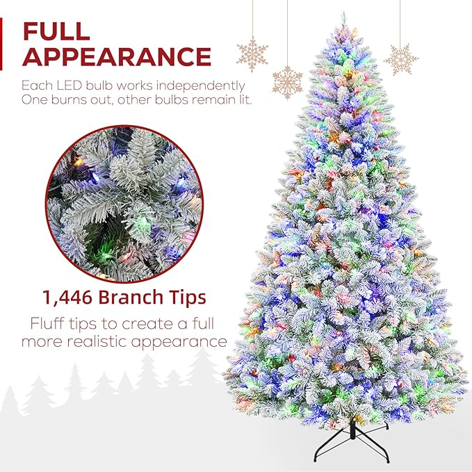 Hykolity 7.5ft Prelit Artificial Christmas Tree, 10 Light-Mode Snow Flocked Christmas Tree with 450 Multicolor LED Lights, 1446 PVC Tips, Easy Setup Xmas Trees with Sturdy Metal Stand