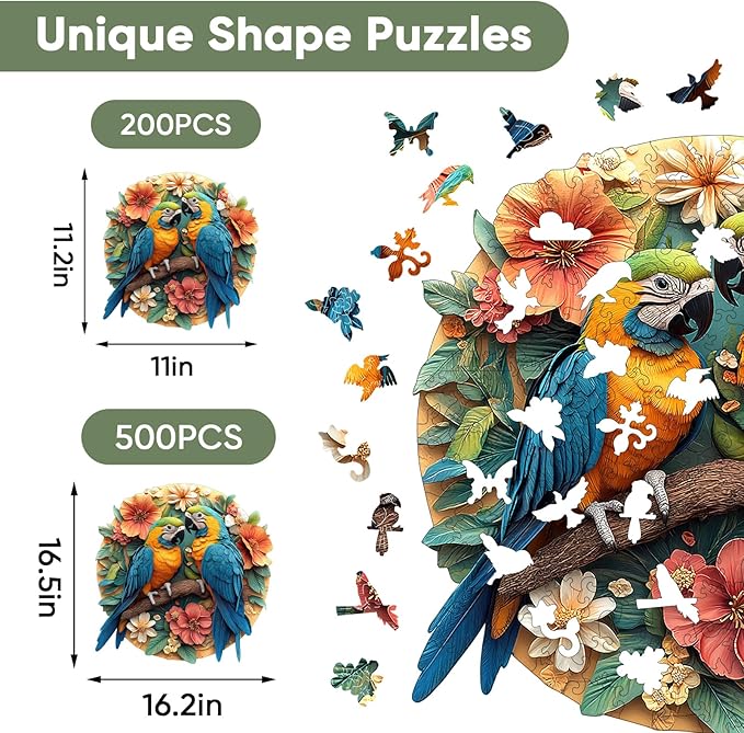 Colorful Parrots 500 Pieces Wooden Jigsaw Puzzles for Adults Unique Irregular Shapes Fun Challenging Bird Puzzles for Kids and Couples on Birthday,Children's Day,Christmas,16.2"x16.5"